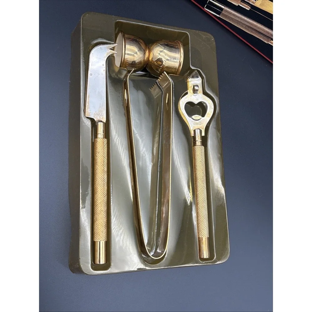 Mid Century Georges Briard 4-Piece 22K Gold Plated Bar Tool Set in Original Box